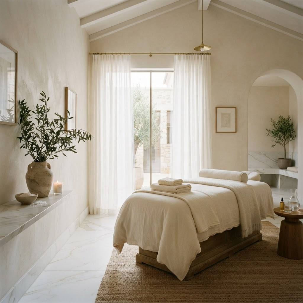 A serene Olympia Beauty Spa treatment room in marble and warm morning light